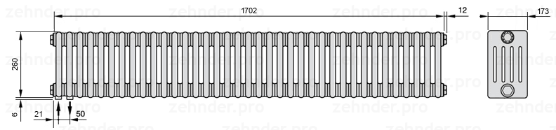 Схема (чертеж) Радиатор Zehnder Charleston 5026/37 №3370 Белый глянцевый RAL 9016